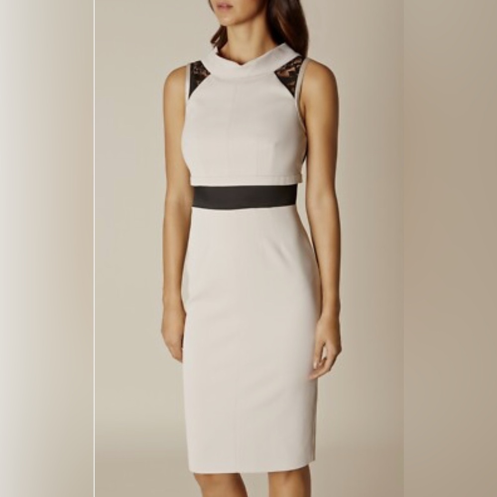 Karen Millen Sleeveless Beige Midi Dress with Black Lace Accents - Picture 4 of 4